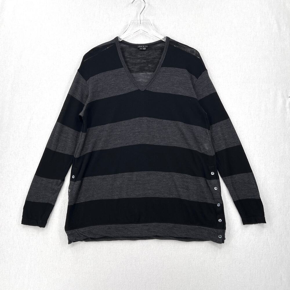 THEORY Ingora Underline Wool Sweater Black Gray Striped V-neck Button Detail